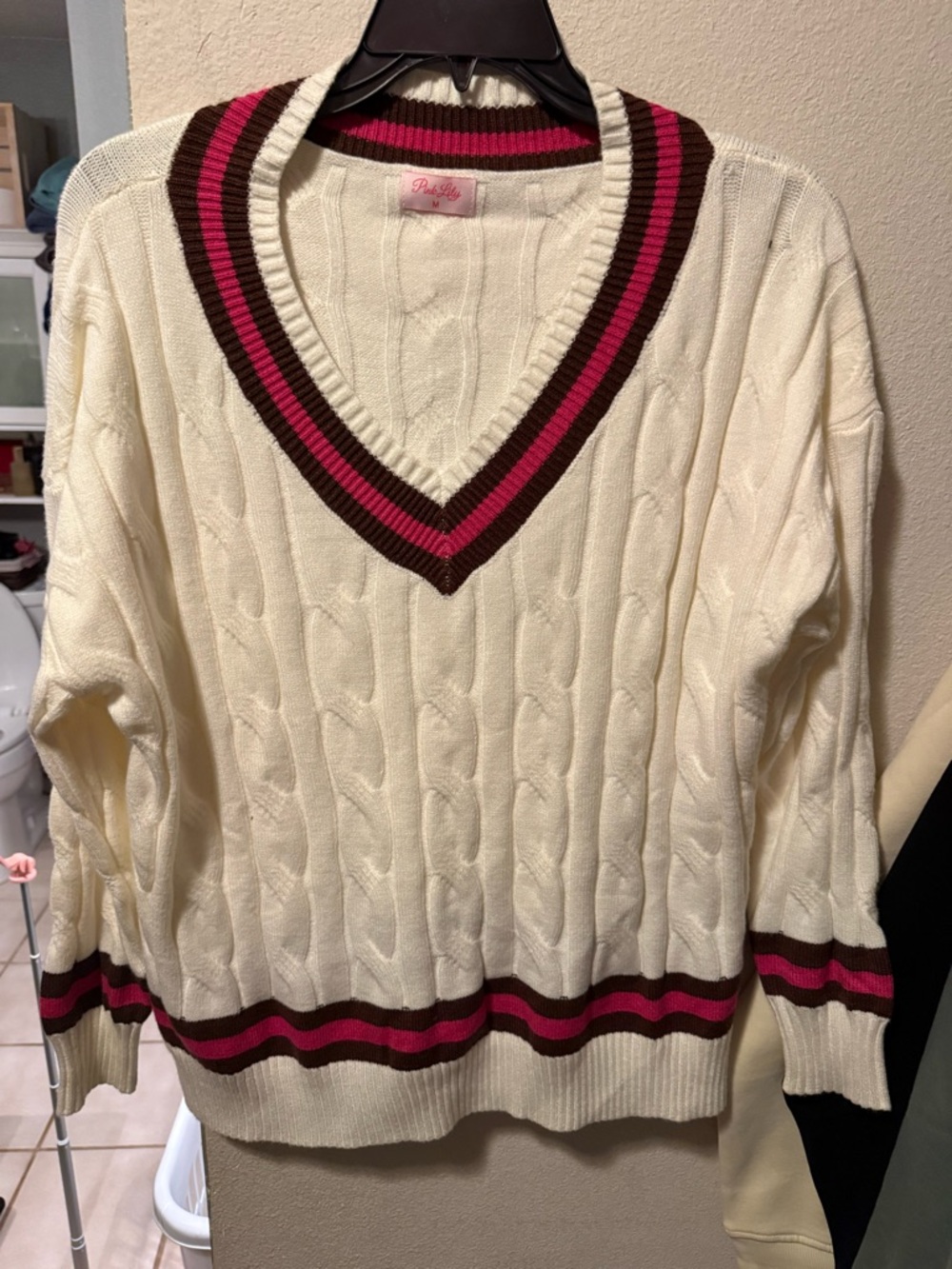 Pink Lily Cream Cable V-Neck Sweater with Pink & Brown Trim